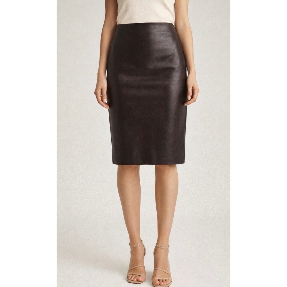 The Row 100% Lambskin Leather Brown Pencil Skirt With Back Zipper M Slit Hem NEW